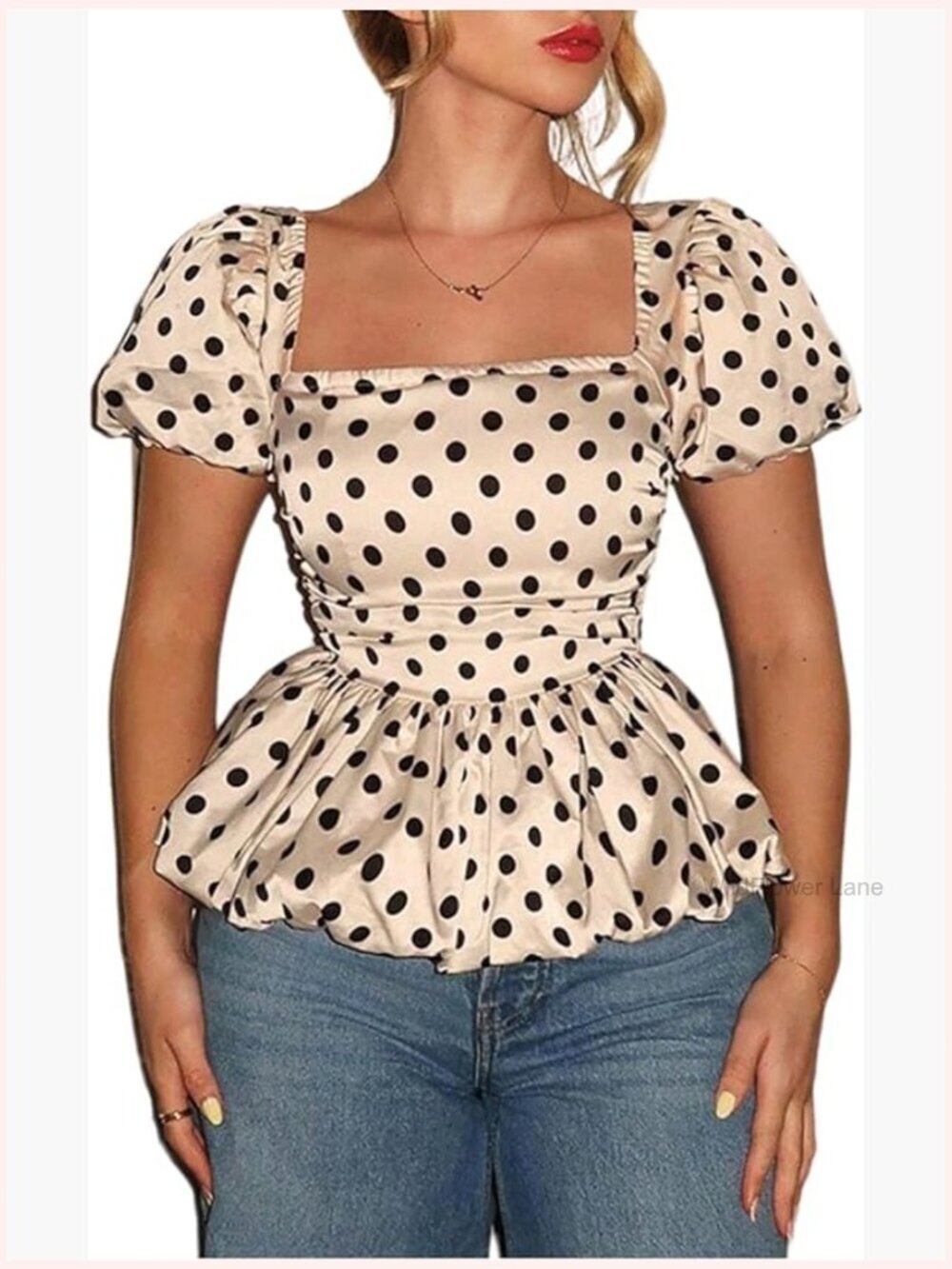 Satin Polka Dots Puff Sleeve Blouse Square Neck Ruffle Shirred Crop Top